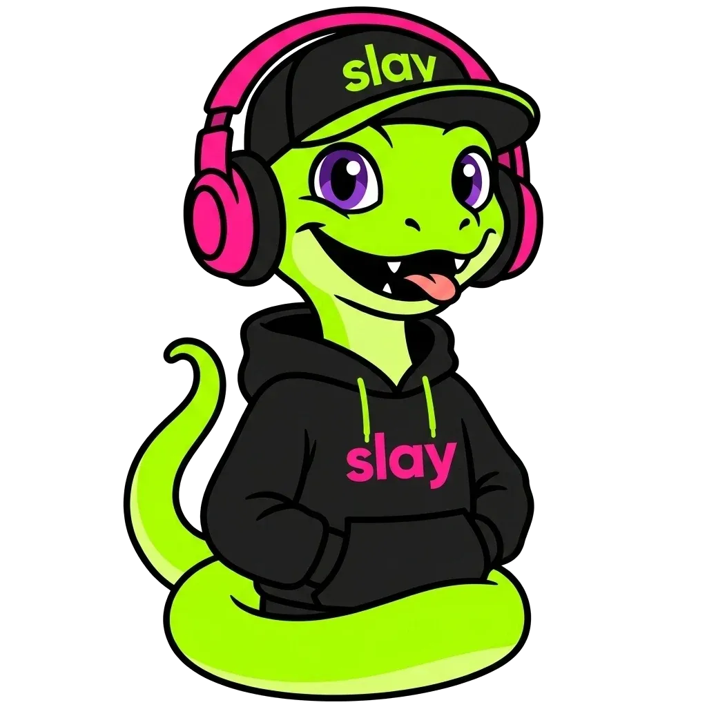 Slay City mascot — a friendly green snake in headphones and a slay hoody